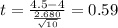 t=\frac{4.5-4}{\frac{2.680}{\sqrt{10}}}=0.59