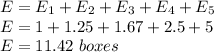 E=E_1+E_2+E_3+E_4+E_5\\E=1+1.25+1.67+2.5+5\\E=11.42\ boxes