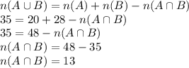 n (A \cup B)=n(A)+n(B)-n(A \cap B)\\35=20+28-n(A \cap B)\\35=48-n(A \cap B)\\n(A \cap B)=48-35\\n(A \cap B)=13