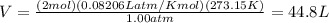 V=\frac{(2 mol)(0.08206Latm/Kmol)(273.15 K)}{1.00atm} =44.8 L