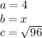 a=4\\b=x\\c=\sqrt{96}