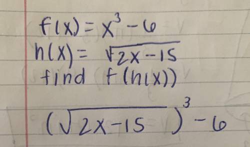 F(x)= x^3- 6
h(x) = V2x - 15
Write f(h(x)) as an expression in terms of x.
f(h(x)) =