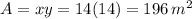 A=xy=14(14)=196\,m^2