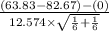 \frac{(63.83-82.67)-(0)}{12.574 \times \sqrt{\frac{1}{6}+\frac{1}{6}  } }
