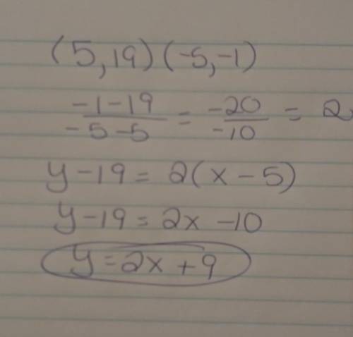 Find the point-slope equation for the line

that passes through the points (5, 19) and
(-5, -1). Use