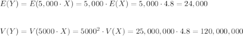 E(Y)=E(5,000\cdot X)=5,000\cdot E(X)=5,000\cdot 4.8=24,000\\\\\\ V(Y)=V(5000\cdot X)=5000^2\cdot V(X)=25,000,000\cdot 4.8=120,000,000
