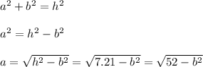 a^2+b^2=h^2\\\\a^2=h^2-b^2\\\\a=\sqrt{h^2-b^2}=\sqrt{7.21-b^2}=\sqrt{52-b^2}