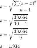 s = \sqrt {\dfrac{\sum(x-\bar x)^2}{n-1}} \\ \\s = \sqrt {\dfrac{33.664}{10-1}} \\ \\ s= \sqrt{\dfrac{33.664}{9}}\\ \\ s= 1.934