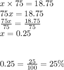x \times 75 = 18.75 \\ 75x = 18.75 \\  \frac{75x}{75}  =  \frac{18.75}{75}  \\ x = 0.25 \\ \\  \\ 0.25 =  \frac{25}{100}  = 25\%