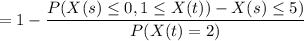 =  1 - \dfrac{P(X(s) \leq 0 , 1 \leq X(t)) - X(s) \leq 5 ) }{P(X(t) = 2)}