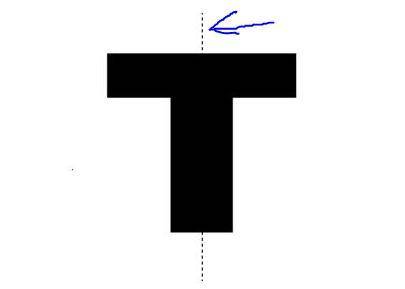 Which figure shows a line of reflectional symmetry for the letter T