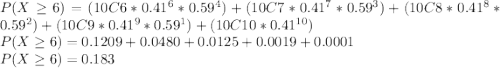 P(X\geq6) = (10C6 * 0.41^6*0.59^4) + (10C7*0.41^7*0.59^3) + (10C8*0.41^8*0.59^2) + (10C9 *0.41^9*0.59^1) + (10C10 *0.41^{10})\\P(X\geq6) =  0.1209 + 0.0480 + 0.0125 + 0.0019 + 0.0001\\P(X\geq6) = 0.183