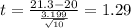 t=\frac{21.3-20}{\frac{3.199}{\sqrt{10}}}=1.29