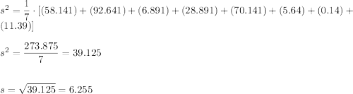 s^2=\dfrac{1}{7}\cdot [(58.141)+(92.641)+(6.891)+(28.891)+(70.141)+(5.64)+(0.14)+(11.39)]\\\\\												s^2=\dfrac{273.875}{7}=39.125\\\\\\s=\sqrt{39.125}=6.255