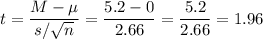 t=\dfrac{M-\mu}{s/\sqrt{n}}=\dfrac{5.2-0}{2.66}=\dfrac{5.2}{2.66}=1.96