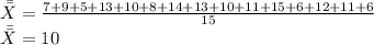 \bar{\bar{X}} = \frac{7+9+5+13+10+8+14+13+10+11+15+6+12+11+6}{15} \\\bar{\bar{X}} = 10