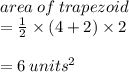 area \: of \: trapezoid  \\ =  \frac{1}{2}  \times (4 + 2) \times 2 \\  \\  = 6 \:  {units}^{2}