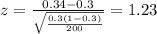 z=\frac{0.34 -0.3}{\sqrt{\frac{0.3(1-0.3)}{200}}}=1.23