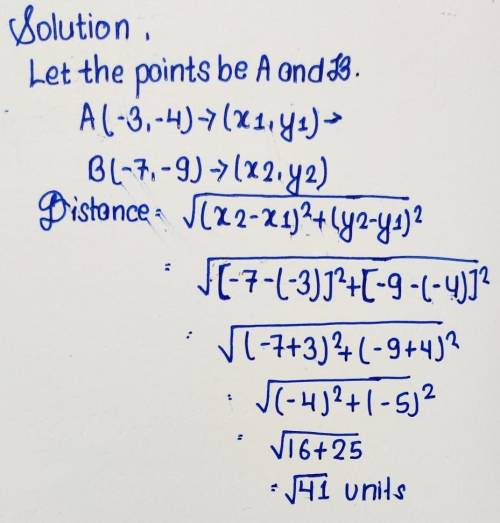 Find the distance between the two points in simplest radical form.
(-3, -4) and (-7, -9)
