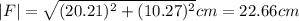 |F|=\sqrt{(20.21)^2+(10.27)^2}cm=22.66cm