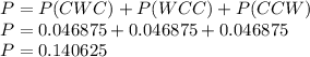 P=P(CWC)+P(WCC)+P(CCW)\\P=0.046875+0.046875+0.046875\\P=0.140625