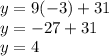 y=9(-3)+31\\y=-27+31\\y=4