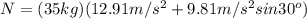 N=(35kg)(12.91m/s^{2}+9.81m/s^{2} sin30^{o})