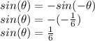 sin(\theta)=-sin(-\theta)\\sin(\theta) =-(-\frac{1}{6} )\\sin(\theta)= \frac{1}{6}