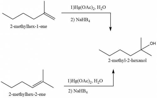 2-methyl-2-hexanol was prepared by reacting an alkene with either hydroboration-oxidation or oxymerc
