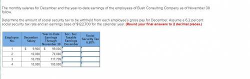 The monthly salaries for December and the year-to-date earnings of the employees of Bush Consulting