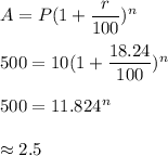 A=P(1+\dfrac{r}{100})^n\\\\500=10(1+\dfrac{18.24}{100})^n\\\\500=11.824^n\\\\\n\approx 2.5