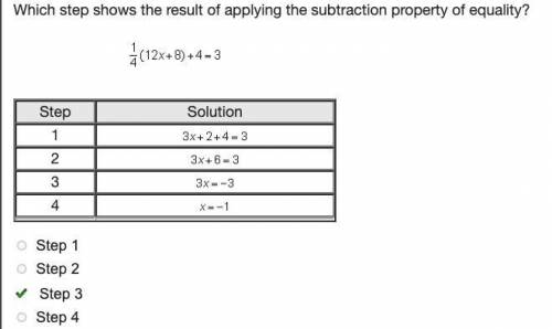 Which step shows the result of applying the subtraction property of equality? One-fourth (12 x + 8)