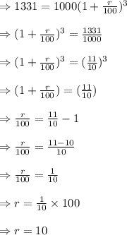 \Rightarrow 1331= 1000(1+\frac{r}{100})^3\\\\\Rightarrow (1+\frac{r}{100})^3=\frac{1331}{1000}\\\\\Rightarrow (1+\frac{r}{100})^3=(\frac{11}{10})^3\\\\\Rightarrow (1+\frac{r}{100})=(\frac{11}{10})\\\\\Rightarrow \frac{r}{100}=\frac{11}{10}-1\\\\\Rightarrow \frac{r}{100}=\frac{11-10}{10}\\\\\Rightarrow \frac{r}{100}=\frac{1}{10}\\\\\Rightarrow r=\frac{1}{10}\times 100\\\\\Rightarrow r=10\\\\