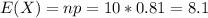 E(X) = np = 10*0.81 = 8.1