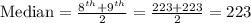 \text{Median}=\frac{8^{th}+9^{th}}{2}=\frac{223+223}{2}=223