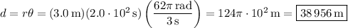 d=r\theta=(3.0\,\text{m})(2.0\cdot 10^2\,\text{s})\left(\dfrac{62\pi\,\text{rad}}{3\,\text{s}}\right)=124\pi\cdot 10^2\,\text{m}=\boxed{38\,956\,\text{m}}