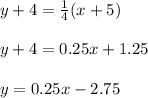 y+4= \frac{1}{4} (x+5)\\\\y+4=0.25x +1.25\\\\y=0.25x-2.75