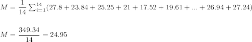 M=\dfrac{1}{14}\sum_{i=1}^{14}(27.8+23.84+25.25+21+17.52+19.61+...+26.94+27.24)\\\\\\ M=\dfrac{349.34}{14}=24.95