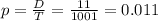 p = \frac{D}{T} = \frac{11}{1001} = 0.011
