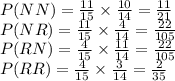 P(NN)=\frac{11}{15} \times  \frac{10}{14} = \frac{11}{21}\\P(NR)=\frac{11}{15} \times  \frac{4}{14} = \frac{22}{105}\\P(RN)=\frac{4}{15} \times  \frac{11}{14} = \frac{22}{105}\\P(RR)=\frac{4}{15} \times  \frac{3}{14} = \frac{2}{35}