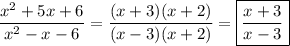 \dfrac{x^2+5x+6}{x^2-x-6}=\dfrac{(x+3)(x+2)}{(x-3)(x+2)}=\boxed{\dfrac{x+3}{x-3}}