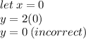 let \: x = 0 \\ y = 2(0) \\ y = 0 \: (incorrect)