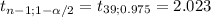 t_{n-1; 1-\alpha /2}= t_{39; 0.975}= 2.023