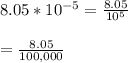 8.05*10^{-5}=\frac{8.05}{10^{5}}\\\\=\frac{8.05}{100,000}\\