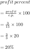 profit \: percent \\   \\ =  \frac{profit}{c.p.}  \times 100 \\  \\  =  \frac{3}{15}  \times 100 \\  \\  =  \frac{3}{3}  \times 20 \\  \\  = 20\%
