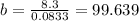 b = \frac{8.3}{0.0833} = 99.639