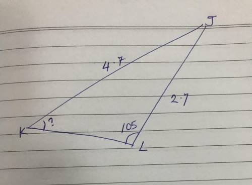 Triangle J K L is shown. Angle J L K is 105 degrees. The length of J K is 4.7 and the length of J L