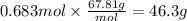 0.683 mol \times \frac{67.81g}{mol} = 46.3 g