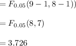 =F_{0.05}(9-1,8-1))\\\\=F_{0.05}(8,7)\\\\=3.726
