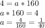 4 = a*160\\a*160 = 4\\a = \frac{4}{160} = \frac{1}{40}
